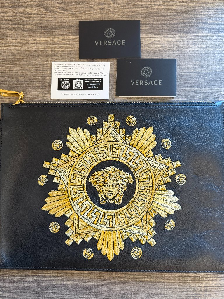 Versace Medusa Embroidered Leather Clutch Bag